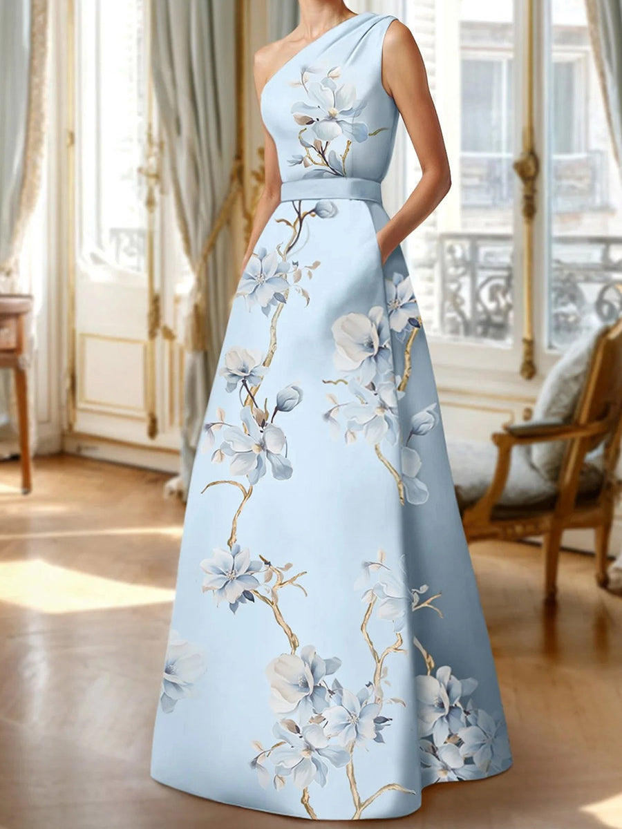 A-line One-Shoulder Pleated Floor-Length Corset Mother of the Bride Dress