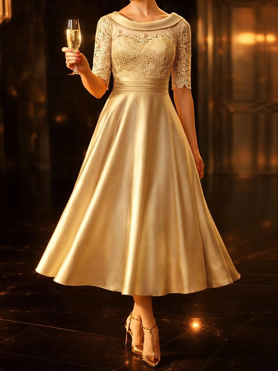A-line Bateau 1/2 Sleeves Appliques Lace Tea-Length Satin Corset Mother of the Bride Dress