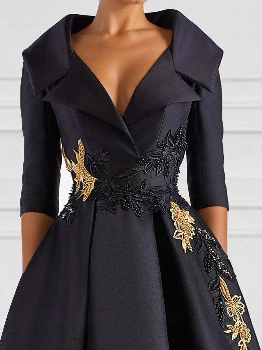 A-line V-neck 1/2 Sleeves Appliques Lace Asymmetrical Satin Corset Mother of the Bride Dress