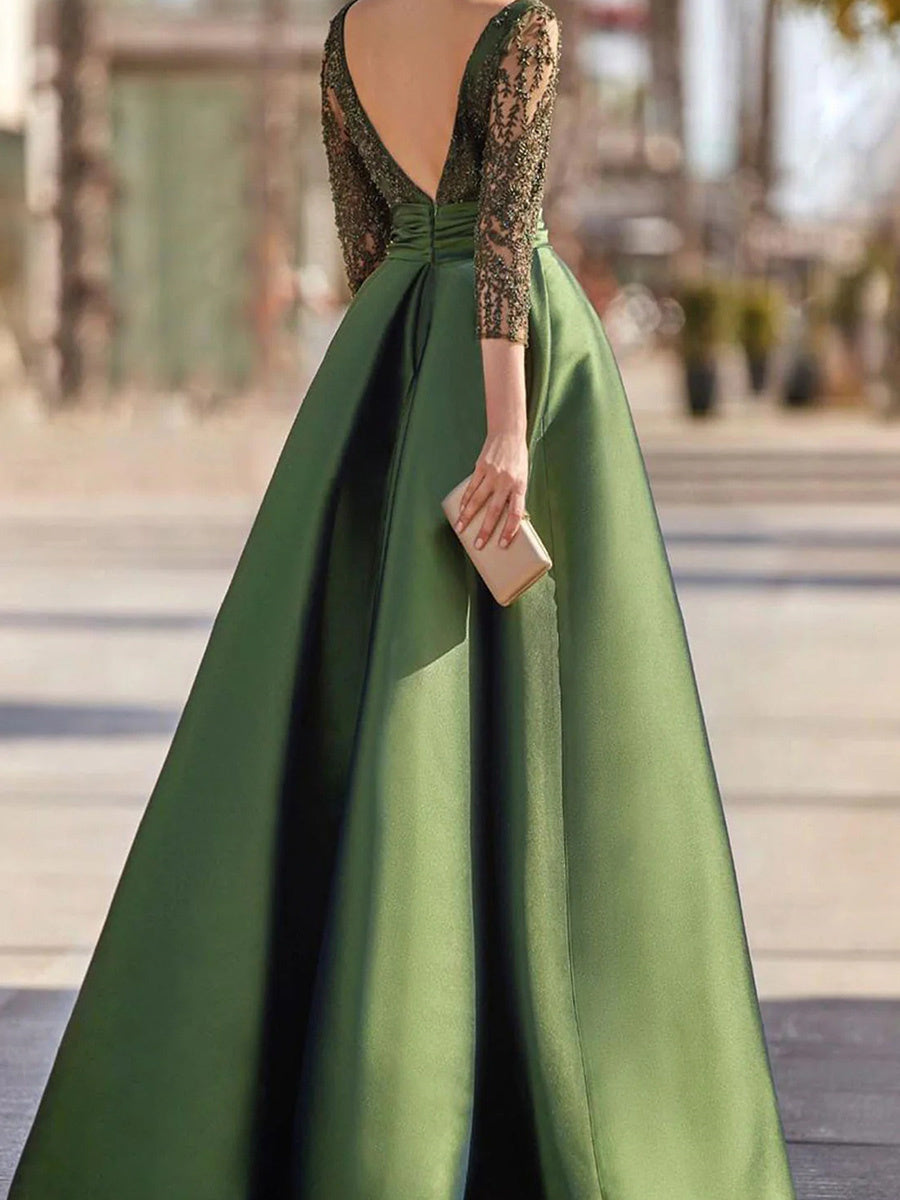A-line Bateau 3/4 Sleeves Appliques Lace Floor-Length Satin Corset Mother of the Bride Dress