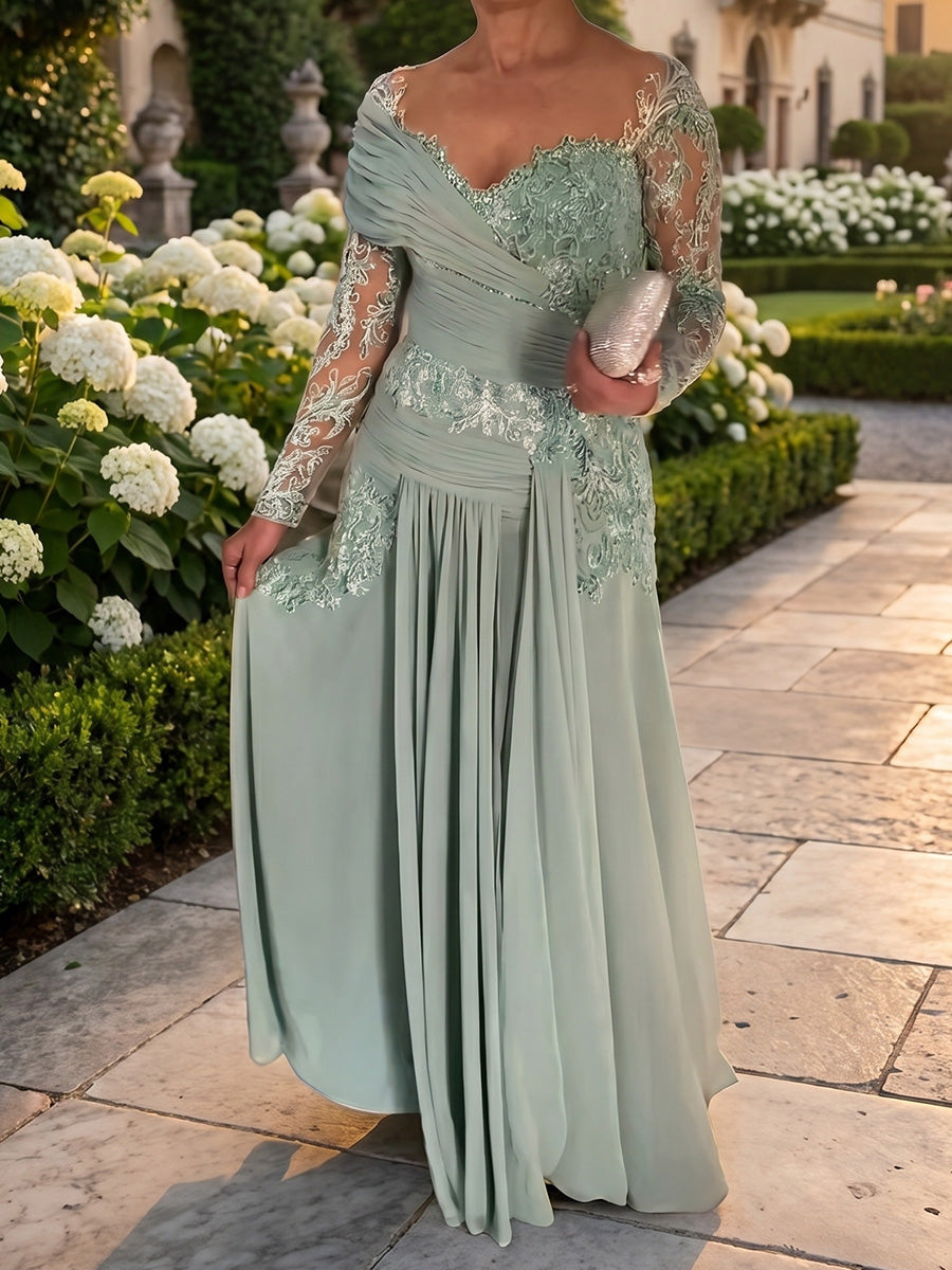 Sheath/Column V-neck Long Sleeves Floor-Length Chiffon Mother of the Bride Dresses