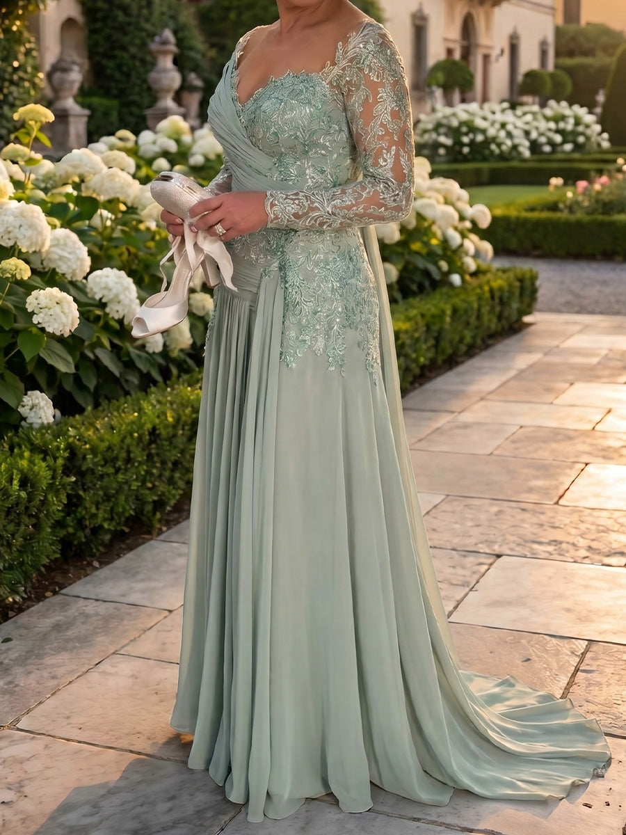 Sheath/Column V-neck Long Sleeves Floor-Length Chiffon Mother of the Bride Dresses