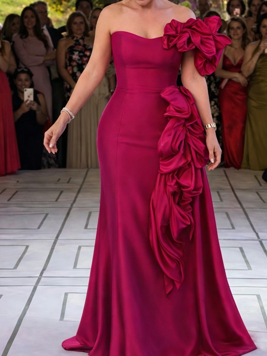 Sheath/Column One-Shoulder Ruffles Sweep Train Satin Mother of the Bride Dresses