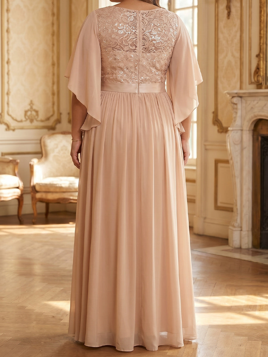 A-line/Princess Scoop 1/2 Sleeves Appliques Lace Floor-Length Chiffon Mother of the Bride Dresses