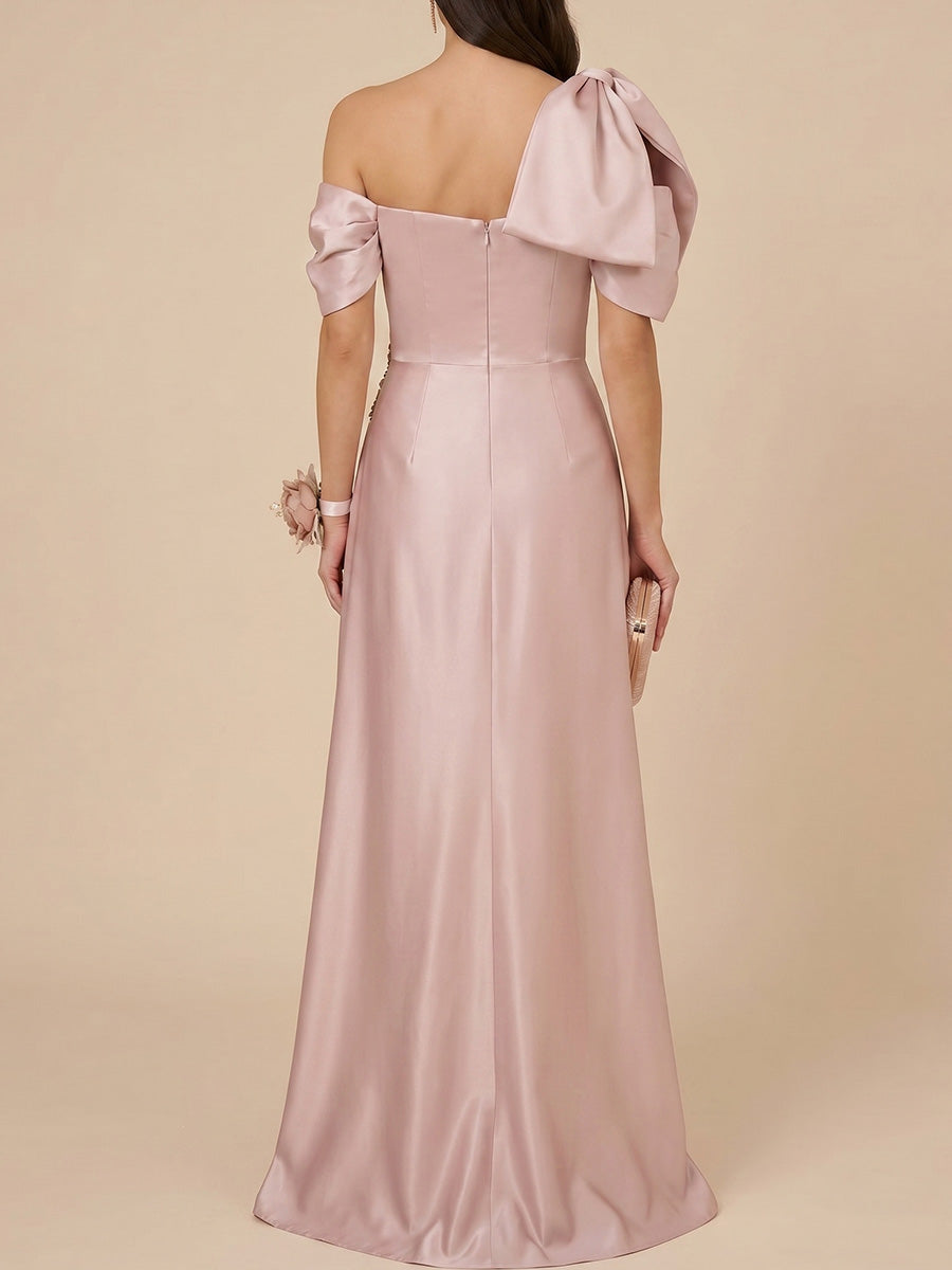 Sheath/Column One-Shoulder Short Sleeves Bow Floor-Length Satin Mother of the Bride Dresses