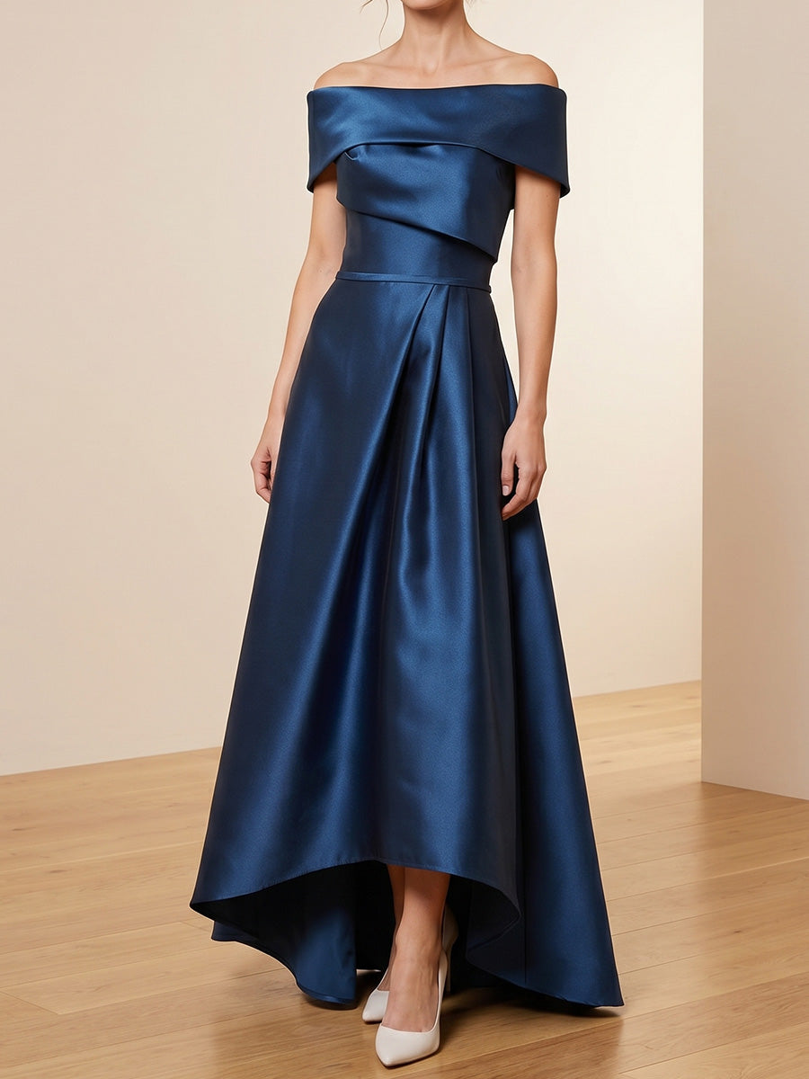 A-line/Princess Off-the-Shoulder Short Sleeves Ankle-Length Satin Mother of the Bride Dresses