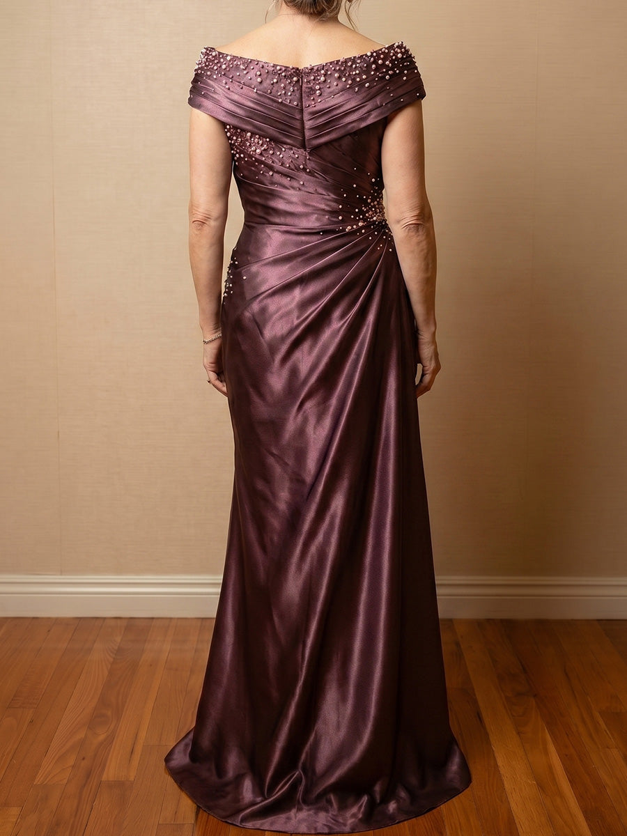 Sheath/Column Off-the-Shoulder Short Sleeves Beading Floor-Length Satin Mother of the Bride Dresses