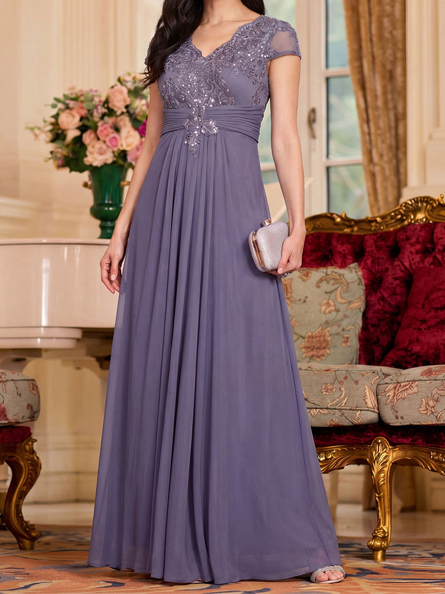 A-line/Princess V-neck Short Sleeves Appliques Lace Floor-Length Chiffon Mother of the Bride Dresses