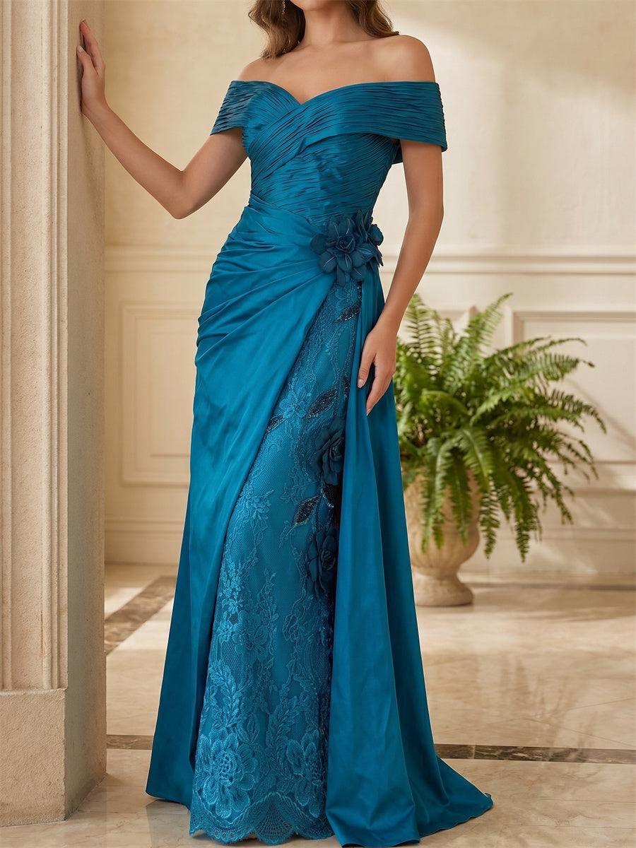 Sheath/Column Off-the-Shoulder Short Sleeves Flower Floor-Length Silk Like Satin Mother of the Bride Dresses