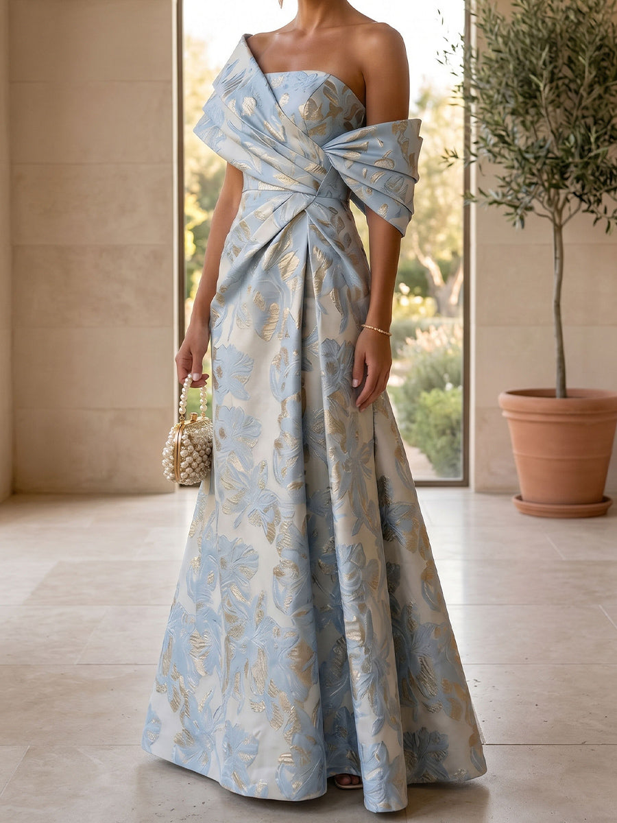 A-line/Princess Off-the-Shoulder Short Sleeves Pleated Floor-Length Satin Mother of the Bride Dresses