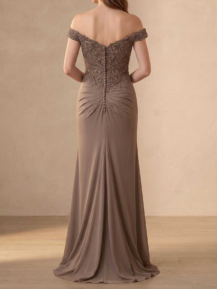 Sheath/Column Off-the-Shoulder Short Sleeves Beading Floor-Length Chiffon Mother of the Bride Dresses