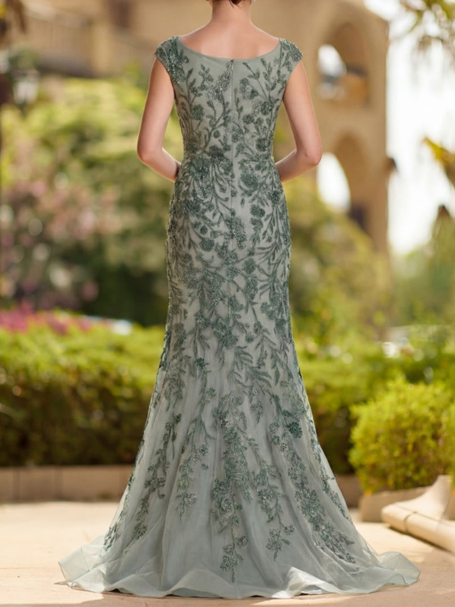Sheath/Column V-neck Appliques Lace Sweep Train Tulle Mother of the Bride Dresses