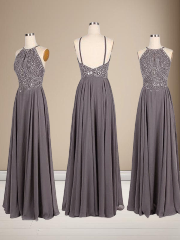 A-line Halter Beading Floor-Length Chiffon Dress