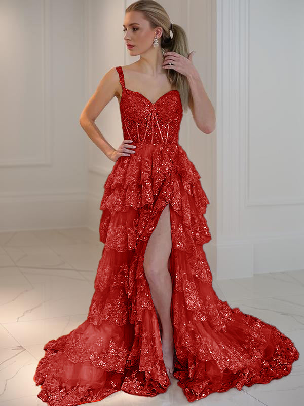 A-line Spaghetti Straps Appliques Lace Court Train Tulle Dress