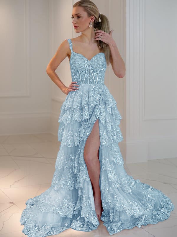 A-line Spaghetti Straps Appliques Lace Court Train Tulle Dress