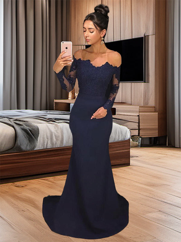 Mermaid Off-the-Shoulder Long Sleeves Appliques Lace Sweep Train Stretch Crepe Dress