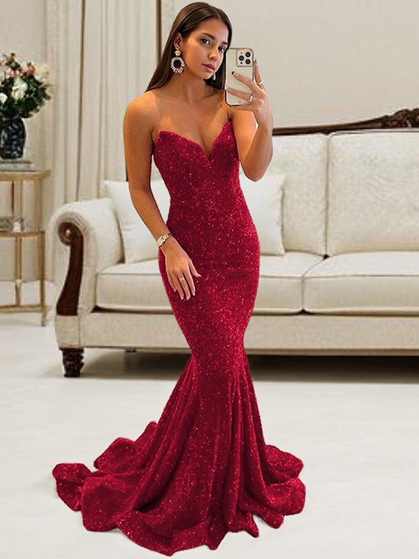 Sheath Sweetheart Ruffles Sweep Train Velvet Sequins Dress