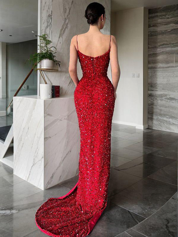 Sheath V-neck Ruffles Sweep Train Velvet Sequins Dress