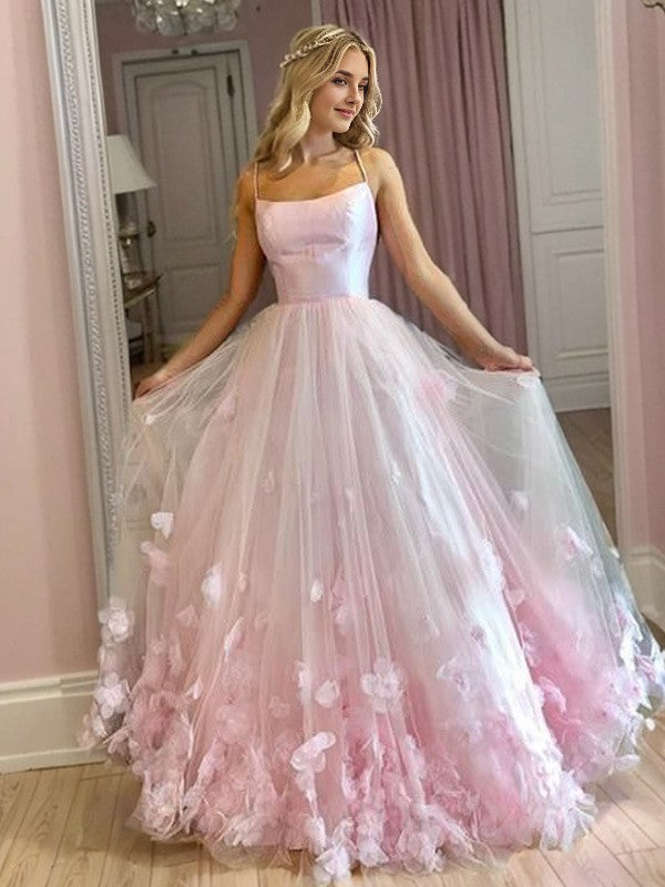 A-line Bateau Appliques Lace Floor-Length Tulle Dress