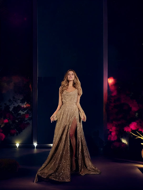 A-line V-neck Ruffles Sweep Train Sequins Dress