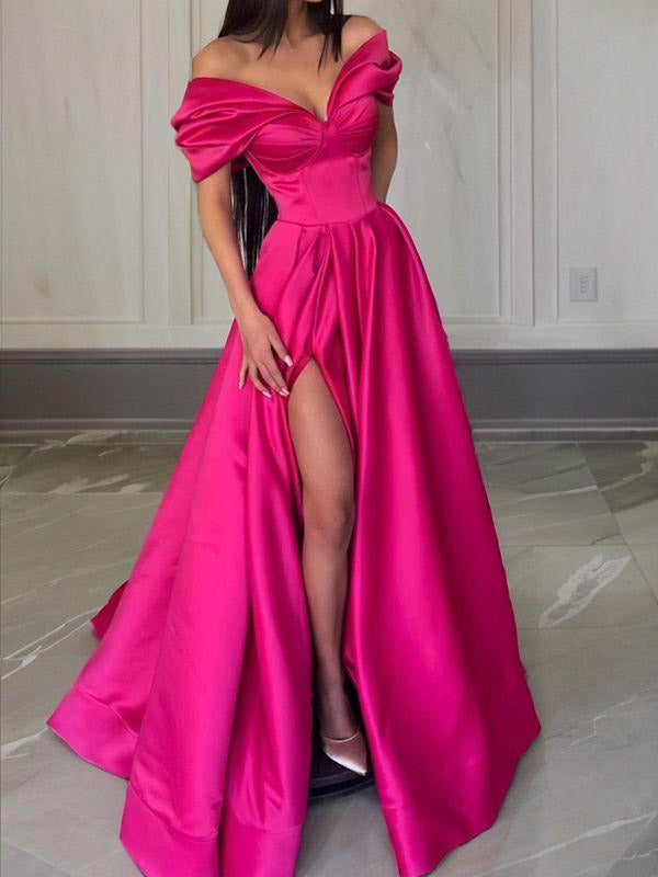 A-line Off-the-Shoulder Ruffles Sweep Train Satin Dress