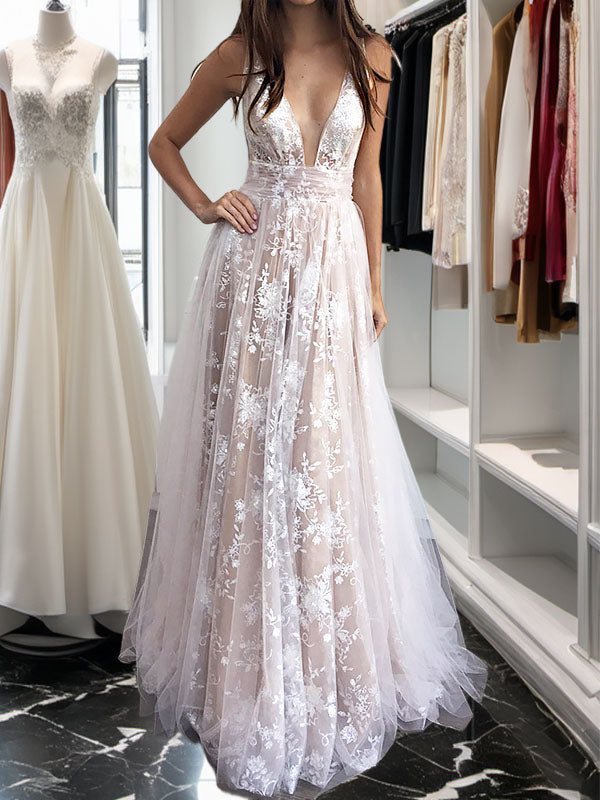 A-line V-neck Beading Floor-Length Tulle Dress