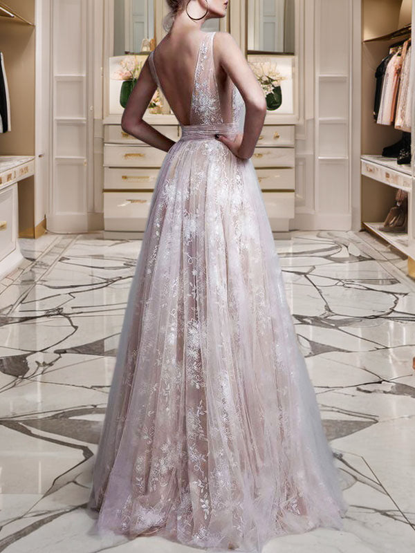 A-line V-neck Beading Floor-Length Tulle Dress