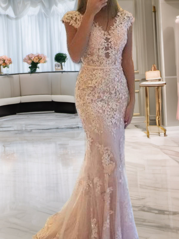 Mermaid V-neck Appliques Lace Sweep Train Lace Dress