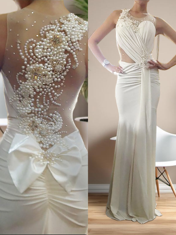 Mermaid Scoop Beading Sweep Train Jersey Dress