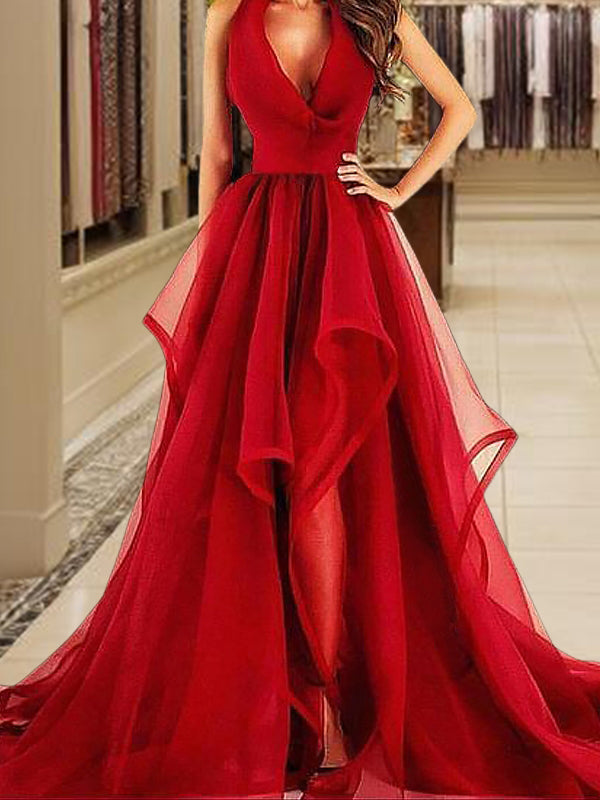 A-line V-neck Ruffles Organza Court Train Dress
