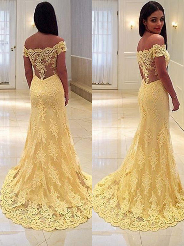 Mermaid Off-the-Shoulder Appliques Lace Sweep Train Lace Dress
