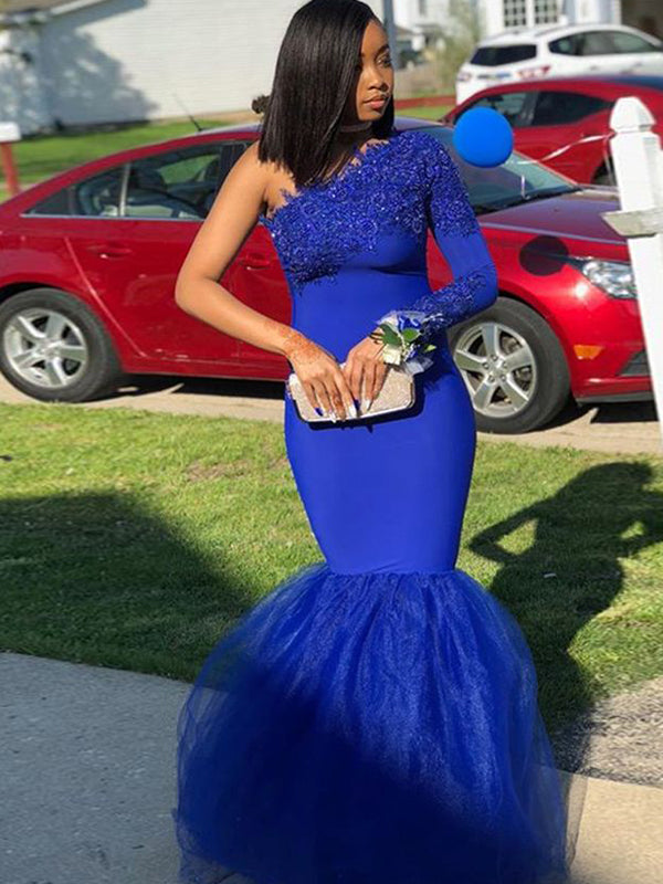 Mermaid One-Shoulder Long Sleeves Appliques Lace Floor-Length Stretch Crepe Dress