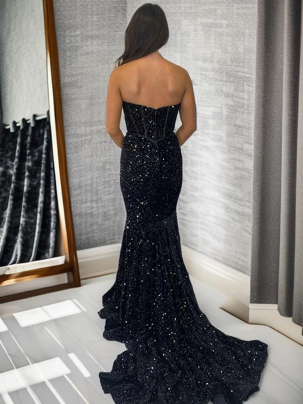 Sheath Sweetheart Sequin Court Train Velvet Sequins Dress