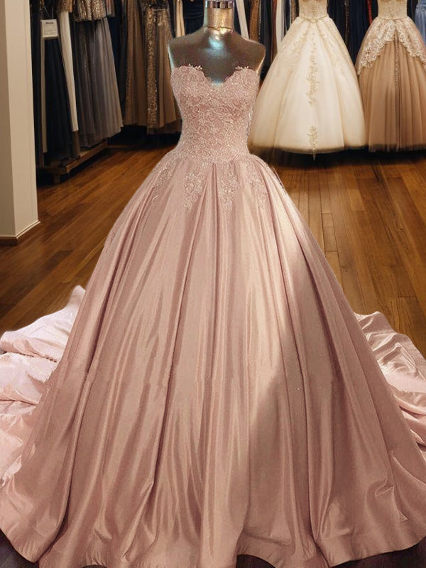 Ball-Gown Sweetheart Appliques Lace Cathedral Train Satin Dress