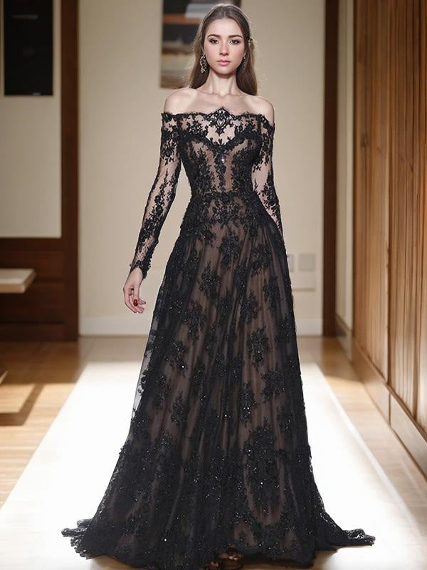 A-line Off-the-Shoulder Long Sleeves Appliques Lace Sweep Train Lace Dress