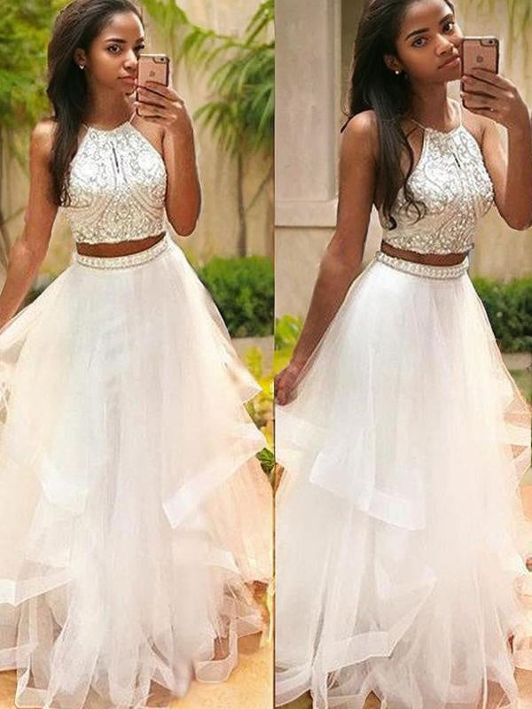 A-line Halter Beading Floor-Length Tulle Dress