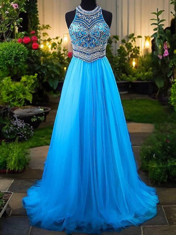 A-line Jewel Beading Sweep Train Tulle Dress
