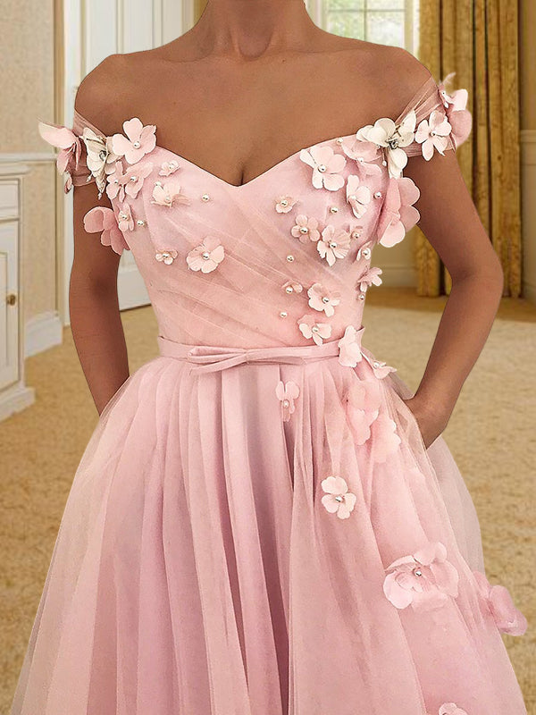 A-line Off-the-Shoulder Flower Floor-Length Tulle Dress