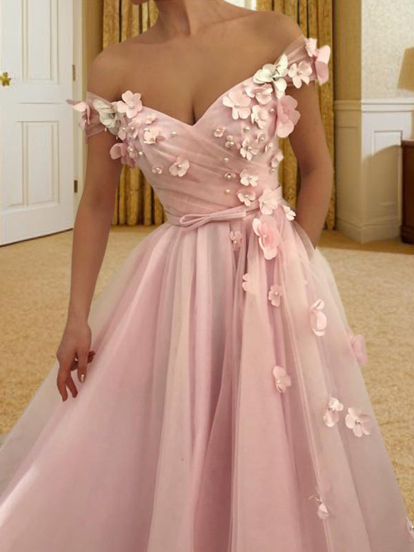 A-line Off-the-Shoulder Flower Floor-Length Tulle Dress