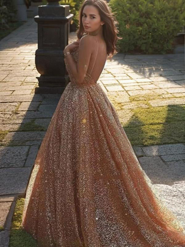 A-line Spaghetti Straps Sequin Court Train Tulle Dress