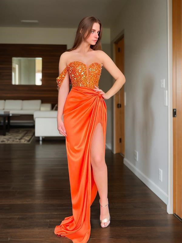 Sheath One-Shoulder Sequin Sweep Train  Silk like Satin Dress