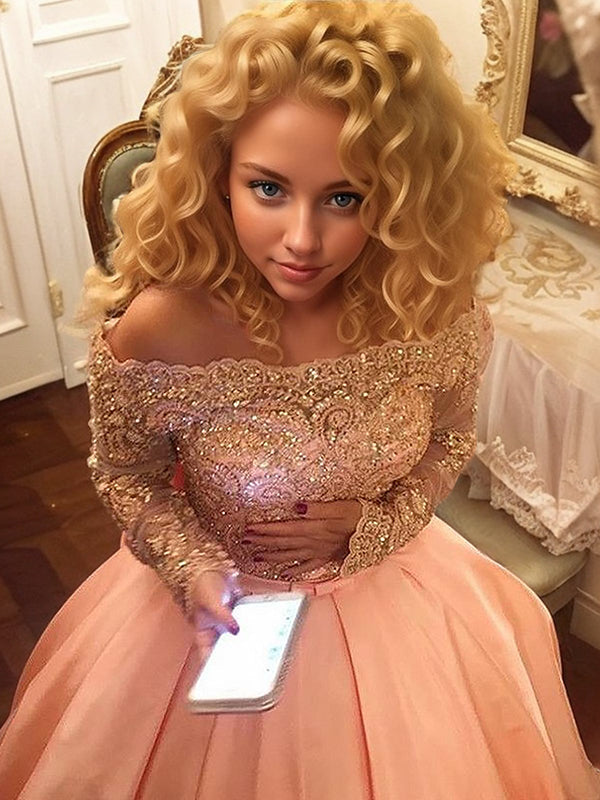 Ball-Gown Off-the-Shoulder Long Sleeves Beading Court Train Satin Dress