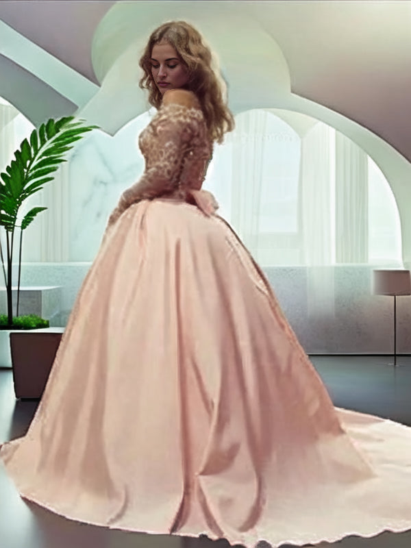 Ball-Gown Off-the-Shoulder Long Sleeves Beading Court Train Satin Dress