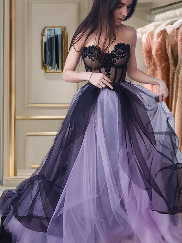 A-line Cold Shoulder Appliques Lace Court Train Tulle Dress