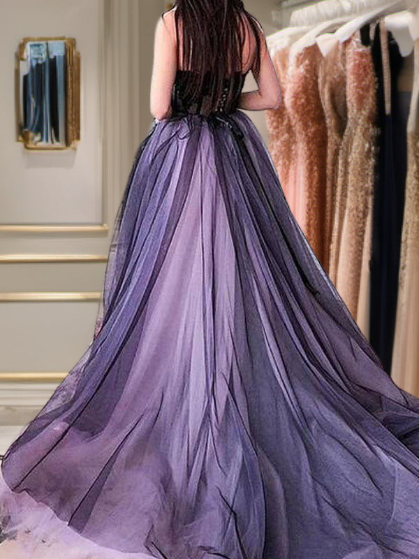 A-line Cold Shoulder Appliques Lace Court Train Tulle Dress
