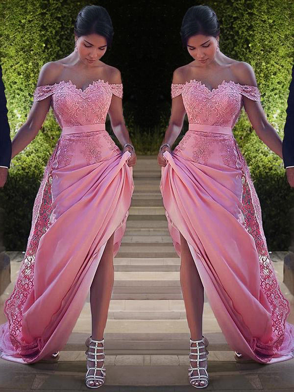 Sheath Off-the-Shoulder Appliques Lace Sweep Train Silk Like Satin Dress