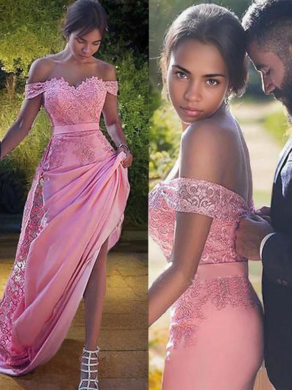 Sheath Off-the-Shoulder Appliques Lace Sweep Train Silk Like Satin Dress