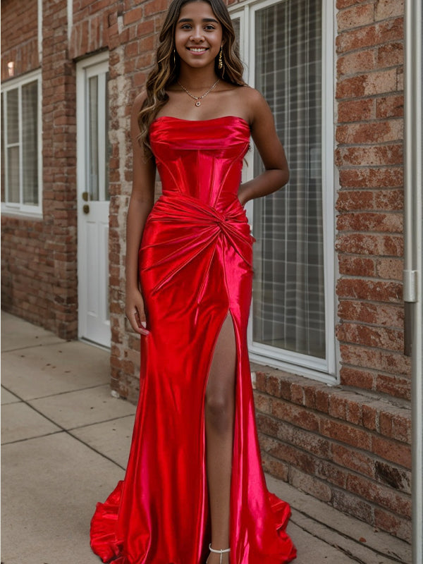 Sheath Straight Pleated Sweep Train Silk Like Satin Corset Dress