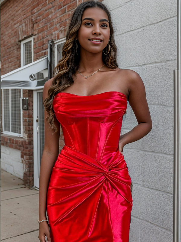 Sheath Straight Pleated Sweep Train Silk Like Satin Corset Dress