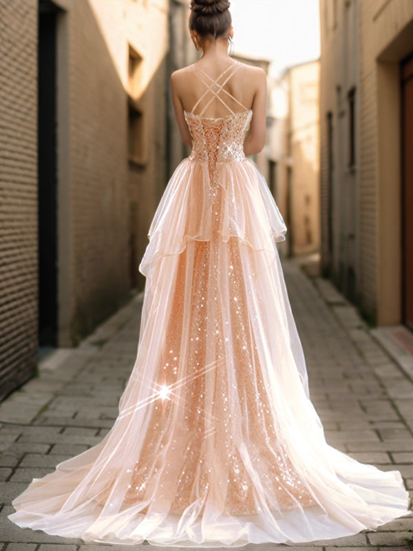 A-line V-neck Sweep Train Dress